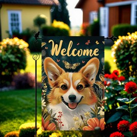 Gormcore Welcome Cute Happy Dog Amidst Flowers with Butterflies Illustrative Style Spring Summer Garden Flag Vertical Double Sided Garden Flag Seasonal Rustic Yard Lawn Outdoor Decor 12.5x18"