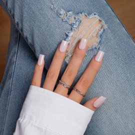 KQueenest Light Pink Press On Nails Medium Square - Summer Press On Nails Short Coffin, Sheer Pastel Pink Fake Nails with Glue, Glossy Opaque, Reusable Soft Gel Glue on Nails for Women, 28 Pcs