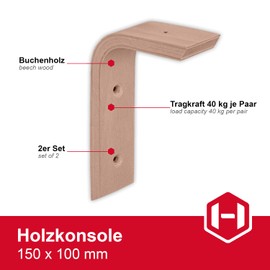 Gedotec Wooden Console Wall Brackets | Pack of 10 - Beech Shelf Brackets | 150 x 100 mm | COUNTRY | Shelf Holder Made of Solid Natural Wood | Brackets in L-Shape | Consoles Suitable for Bookshelves