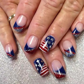 4th of July Press on Nails Medium Square Fake Nails American Flag Glue on Nails Red Blue White Full Cover Acrylic Nails Independence Glitter Star Stick on Nails for Patriotic Women 24 Pcs