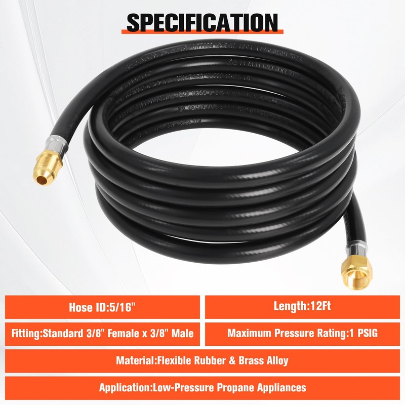 Wadoy 3/8" Propane Extension Hose 12FT, 3/8" Male & Female