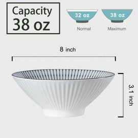 Yuanlity 38 oz Japanese Ramen Bowl Set of 4 - Large 8 Inch Ceramic Soup Bowls, Blue and White Japanese Noodle Bowls for Pho, Ramen, and Cereal - 4 Mixing Patterns