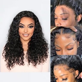 Caijuxing Water Wave 13x6 Hd Lace Front Wigs Human Hair 200% Density Short Curly Bob Wig Human Hair Lace Frontal Wigs for Black Women Deep Wave Pre Plucked Glueless Wig Natural Black (18 Inch)