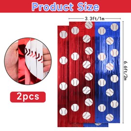 PintreeLand 2 Pack Baseball Foil Fringe Curtain Backdrop 3.3 * 6.6ft, Red and Blue Tinsel Streamers, Sports Themed Birthday Party Decor