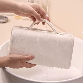 Roll Up Travel Toiletry Bag,Waterproof Makeup Bag,Leather Cosmetic Bag Multi Compartment Hanging Women Wash Bag Cosmetics Makeup Bag Organizer,4 Detachable Clear Compartment Folding Toiletry Bag