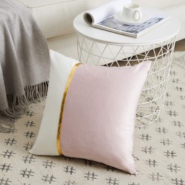 Fancy Homi 2 Packs Decorative Throw Pillow Covers 18x18 Inch for Living Room Couch Bedroom, Blush Pink and White Velvet Patchwork with Gold Leather, Luxury Modern Home Decor Cute Cushion Case 45x45 cm