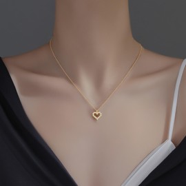 SLUYNZ 925 Sterling Silver CZ Love Heart Choker Necklace for Women Teens Hollow Heart Necklace Pendant for Mother's Day (B-18K GOLD)