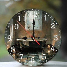 Lancholy 10-Inch Silent Wooden Wall Clock, Sunlit Bathroom Clock Antique Tub ” Silent Non-Ticking Clock, Battery Operated (AA Batteries Not Included), Artistic Home Decor