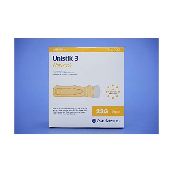 OWEN-MUMFORD INC UNISTIK 3 Normal LANCETS, Needle 1.8MM X 23G, Push Button Activated, AT1004 (Case of 200)