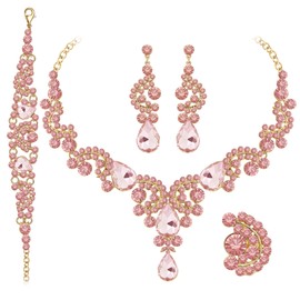 Paxuan Crystal Bridal Wedding Jewelry Sets for Women Rhinestone Teardrop Crystal Statement Choker Necklace Drop Earrings Link Bracelets Rings Teardrop Jewelry Set for Brides Bridesmaids (Necklace+Earrings+Bracelet+Ring（Pink）)