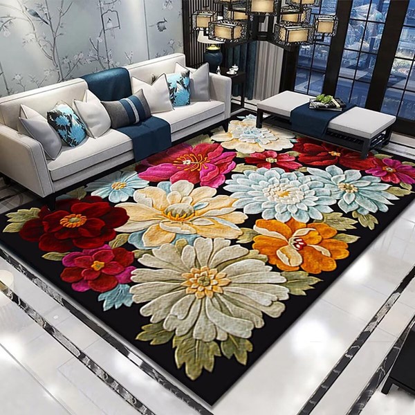 Qkjtyt Modern Colorful Blooming Flowers Area Rug for Living Dinning