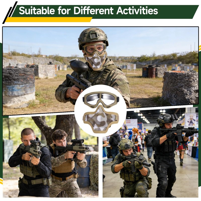 Fansport Airsoft Mask and Goggles Set, Tactical Half Face Mesh