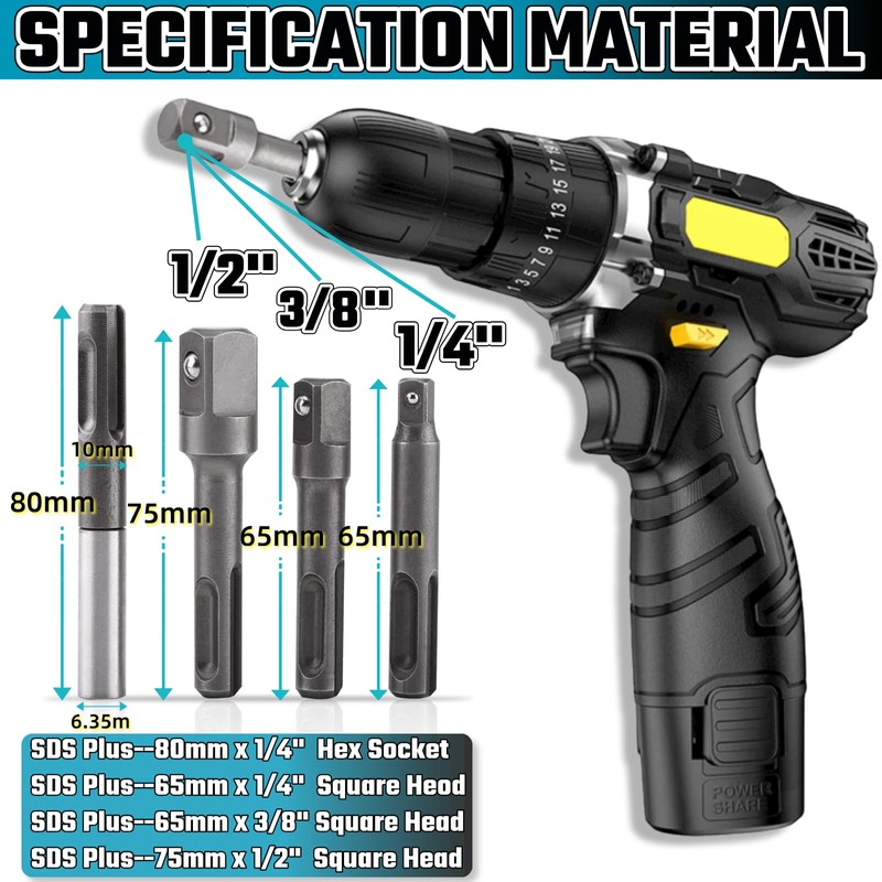 HuGuWdy SDS Plus Socket Adapter Set 4Pcs,1/4"" Hex Socket Adaptor