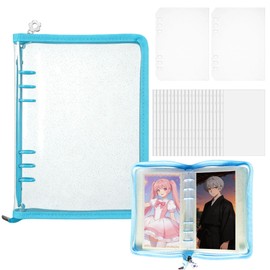 Sticker Notebook, A6, 6 Holes, 20 Refills, 2 Polypropylene Sheets, File Binder, Transparent Zipper, Storage, Large Capacity, Girls, Cute, Stylish (A6, Blue)