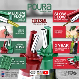 Poura Vinegar and Olive Oil Bottle Drizzler Set with Unique ClickSeal Pour Spouts | Glass Oil & Vinegar Dispenser Bottles for Cooking Kitchen Dining | Hygienic Covers + Silicone Decanter Funnel 500ml