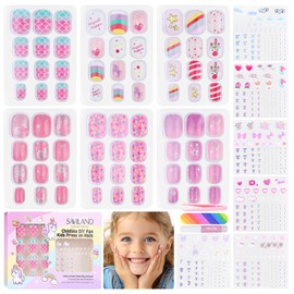 Saviland Creative Kids Press On Nails: 6 Pack Kids Fake Nails with 3D Stickers Pre Glue Full Coverage Short Acrylic Nails Artificial Fake Nail Tips Nail Art Decoration 8-12 Years Old Girls Gift 01