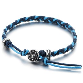 COOLSTEELANDBEYOND Blue Braided Cotton Bracelet Adjustable Rope Wristband with Vintage Tribal Coin Button Charm