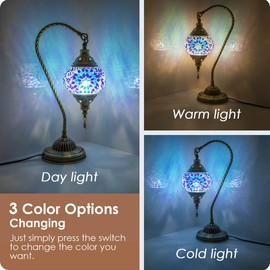Yarra-Decor Turkish Moroccan Lamp with Bronze Base 3 Color Options Handmade Swan Neck Tiffany Mosaic Glass Bedside Lamps for Bedroom (LED Bulb Included)