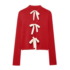 Pinclodly Tie Front Cardigan Sweaters for Women Y2K Bow Tie Open Front Cardigans Crewneck Long Sleeve Sweaters, Red Cardigan Sweater, Medium
