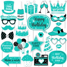 Fangleland Turquoise Birthday Photo Booth Props, 24PCS Teal Blue Happy Birthday Decorations with Forever Young Selfie Picture Props for Adults Birthday Party Supplies