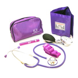 ICE Medical Purple Aneroid Blood Pressure Sphygmomanometer Monitor, Stethoscope, Pen Light (Pen Torch) and Tourniquet - GP Set