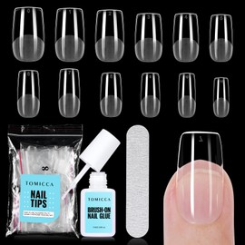 TOMICCA Nail Tips with 7 g Nail Glue Set, 240 Pieces Short Squoval Nail Tips for Gel Nails & Glue Set, Professional Salon Quality, 12 Sizes