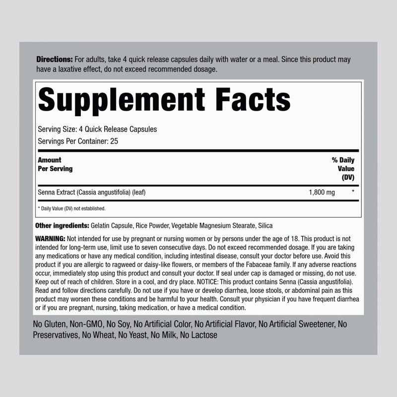 Piping Rock Senna Leaves Capsules 1800 mg | 100 Count