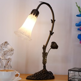 ANYONGLU Lily Lamp Tiffany Style Table Lamp 16 Inch Tall Tulip Flower Accent Desk Lamp with Grape Metal Leaf Base (1-Light/White Alabaster)