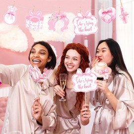 Kreatwow Pink Bow Bridal Shower Decoration 24Pcs Bow Photo Booth Props Bow Princess Bachelorette Party Pink Bowknot Coquette Party Decor Bow She's Tying The Knot Birthday Wedding Engagement Decoration
