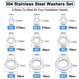 900 Pieces Stainless Steel Washers Washers for Screws and Bolts Washers Assorted 9 Sizes M2/M2.5/M3/M4/M5/M6/M8/M10/M12 Metal Washer for Home Automotive Factory