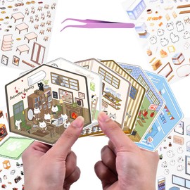 6 Sets DIY 3D Fun Mini House Sticker Scenes with Tweezers Make Your Own Coffee Shop Game Hall Detective Agency Wine House Scenes Stickers Micro Room Craft Stickers for Relief Stress Pass The Time