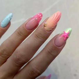 WULIUFLY Summer Press On Nails Medium Almond Shell Glossy Acrylic False Nails 24 Pieces with Starfish Pearls Designs Beach Glue on Nails