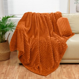 BNuitland Orange Flannel Throw Blanket Twin Size (60X80 inches) with storage pouch,300GSM Super soft Fleece Stripe Pattern sofa Blanket for Adults, Lightweight Cozy Bed Throw For home decor All season