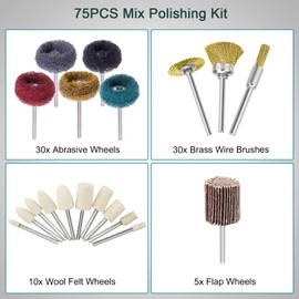 SUNJOYCO 75PCS Mini Polishing Kit, Polishing Bit Abrasive Buffing Wheels Wire Brushes Flap Wheels Set for Rotary Tool, 1/8" (3mm) Shank