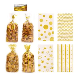 Gold Cellophane Bags,100PCS Clear Treat Bags,Small Plastic Candy Cookie Bags With Twist Ties For Easter Mothers Fathers Day Christmas Birthday Holiday Gifts Supplies Biscuit Chocolate Snacks