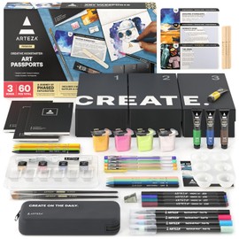 ARTEZA Creative Kickstarter: Art Exploration Set - Passports with Gel Pens, Watercolors, Acrylic Paints, Brushes, and More, Phased Art Journey, 60 pcs