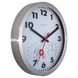 NEXTIME Wall Clock with Thermometer and Hygrometer-35cm Ø White-Clematis, Aluminium, Silver, 35cm