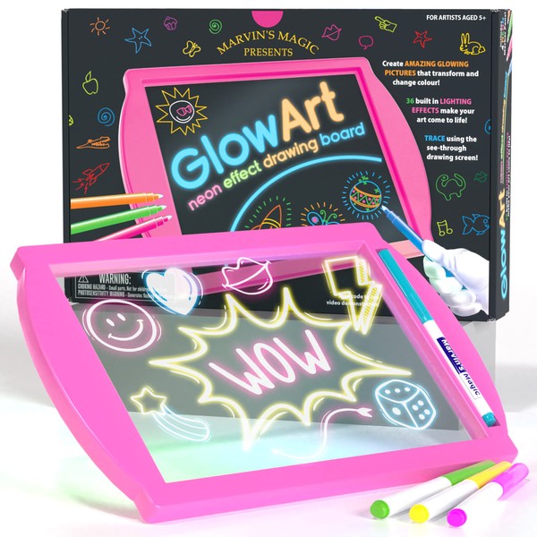 Marvin's Magic - Amazing Glow Art Light Up Kids Drawing Tablet - Children's Art Set - Includes Neon Effect Drawing Board with A Built-in Stand and 4 Fluorescent Magic Pens - Pink