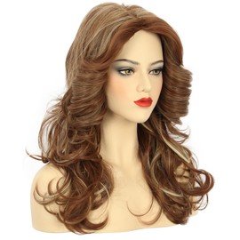 karlery Women 70s Feathered Wig Long Brown Wave Disco Wig Singer Highlight Dyed Wig Vintage Costume Wig for Party Fashion Accessory