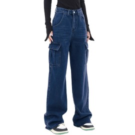 LONGYIDA Women's High Waisted Cargo Jeans Straight Wide Leg Stretch Baggy Jean Y2K Casual Loose Denim Cargo Pants Trousers(Dark Blue,S)