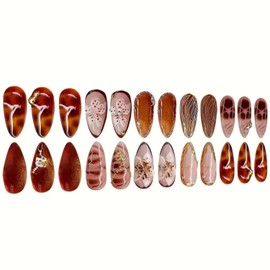 Press on Nails Medium Almond Fake Nails with Flowers and Gold Charms Design False Nail Acrylic Full Cover Stick on Nail for Women 24 Pcs (Gold-39, M-39)