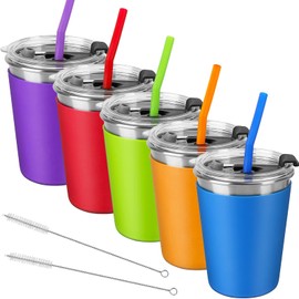 Kids Cups with Lids and Straws, 12oz Kids Tumblers with Straws and Lids Spill Proof Cups for Kids Stainless Steel Sippy Cups for School, Outdoor, 5 Pack