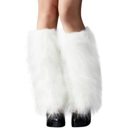 QIBZI Women's Fur Leg Warmers, Long Fur Winter Boot Covers (White, 40 cm)