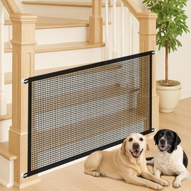 Minlend Pet Gate Mesh – No-Drill Easy Install, Good Helper,Portable Folding Dog Safety Fence for Stairs & Doorways, 43.3″ W x 28.3″ H with 4 Adhesive Hooks