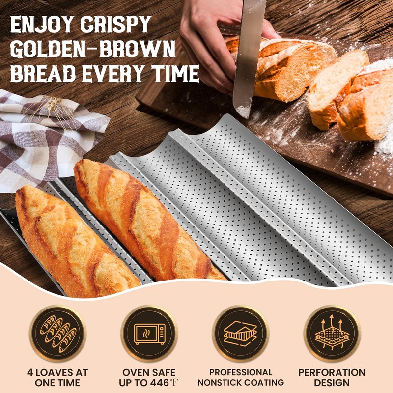 Pavsrmy Baguette Bread Pan, Premium Nonstick Perforated Baguette Pan for