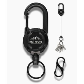 [mai route] 【スーッと伸び〜る】リールキーホルダー 60cm 強化ワイヤー仕様｜紛失防止・カギ・定期・IDカード・通勤通学にも便利 ブラック（カラビナ付き）
