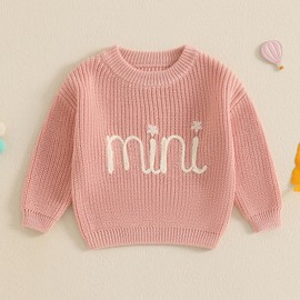 Family Matching Outfits Mommy and Me Cute Letter Embroidery Crew Neck Long Sleeve Sweater Top, Light Pink, 0-3 Months