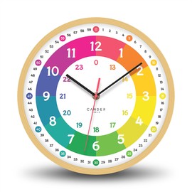 Cander Berlin MNU 2425 R Children's Wall Clock Silent 25 cm Wood Look Analogue Learning Clock Boys Girls Children's Room without Ticking Colourful