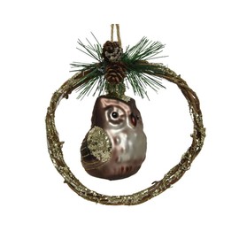 Woodland Owl Glass Bauble in Straw Wreath Glass Hanging Christmas Decoration - 13cm