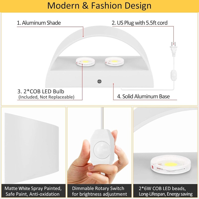 Lightess Plug in Wall Sconces 12W Modern LED Wall Light